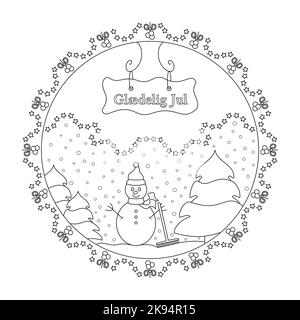 Bonhomme de neige et sapin. Chute de neige. Décoration d'hiver. Mandala de Noël. Page de coloriage thème de noël. Avec texte Joyeux Noël en danois. Vecteur illust Illustration de Vecteur