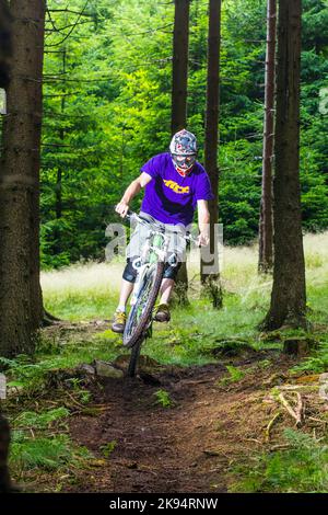 KRONBERG, ALLEMAGNE - JUILLET 7 : le motard descend sur une rampe dans la forêt sur 7 juillet, 2012 à Kronberg, Allemagne. Des courses de descente dans les forêts sont prévues Banque D'Images