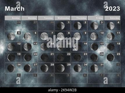 Mars 2023 Calendrier lunaire, cycles lunaires, phases lunaires Banque D'Images