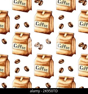 Sac d'artisanat avec motif aquarelle avec grains de café, écologique et sûr. Emballage traditionnel pour café. Sac en papier avec café Banque D'Images