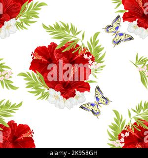 Texture sans couture rouge hibiscus fleurs tropicales avec jasmin fleurs et papillon vintage vecteur modifiable illustration dessinée à la main Illustration de Vecteur
