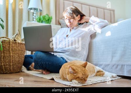 Chat rouge endormi sur le sol, femme avec ordinateur portable hors foyer Banque D'Images