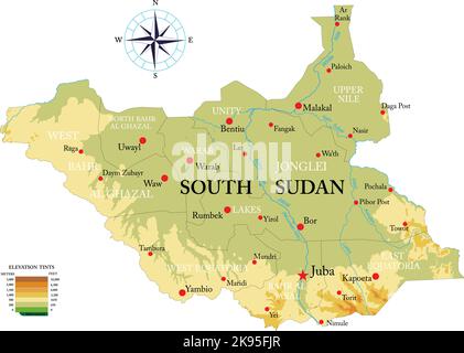 Carte physique très détaillée du Sud Soudan en format vectoriel, avec toutes les formes de secours, les régions et les grandes villes. Illustration de Vecteur