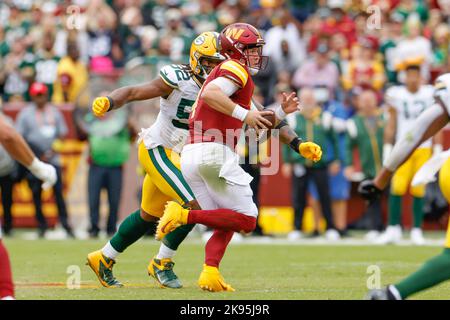 Dimanche, 23 octobre 2022 ; Landover, MD, USA; Washington Commanders quarterback Taylor Heinicke (4) brouille et cherche un récepteur ouvert avant GR Banque D'Images