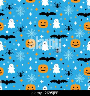 Un motif coloré sans coutures avec des citrouilles, des chauves-souris, des araignées et des fantômes pour Halloween Illustration de Vecteur