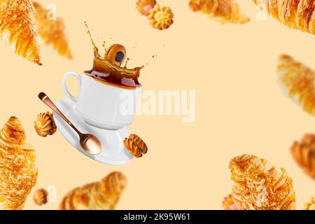 Petit déjeuner frais croissants avec chapelure de flocons de fromage, tasse de café chaud volant. Banque D'Images