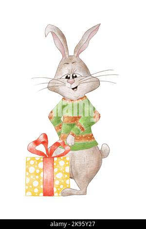 Lapin aquarelle drôle dans un chandail de Noël et avec un cadeau. Illustration du lapin isolé sur fond blanc. Enfants Illustration d'un animal de compagnie. Banque D'Images