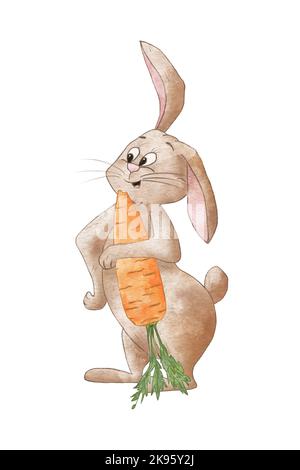 Lapin Aquarelle drôle avec un Carrot. Illustration du lapin isolé sur fond blanc. Illustration pour enfants d'un PET. Animal. Lapin brun. Banque D'Images