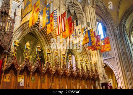 Irlande Dublin Cathédrale St Patrick l'église d'Irlande a été fondée catholique 1191 stands de chœur gothique Chevaliers de St Patrick bannières héraldiques drapeaux Banque D'Images