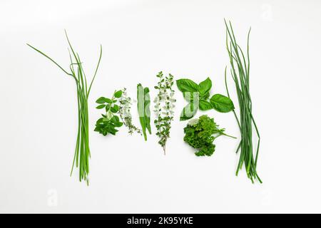 Herbes des Caraïbes vert assaisonnement Shadon benny local Trinité-et-Tobago sur fond blanc ciboulette basilic origan thym persil ciboule Banque D'Images