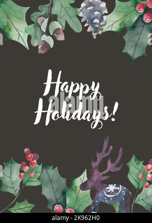 Carte fleurie Happy Holidays. Élément dessiné à la main pour les cartes de vœux de Noël et les invitations de Joyeux Noël et bonne année dans le style aquarelle Banque D'Images