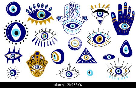 Collection Turque Eye. Abstrait caricature bleu mal oeil Hamsa icônes magiques, fantaisie ésotérique talisman protection. Décor contemporain Vector Illustration de Vecteur