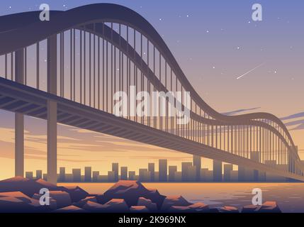 Une belle illustration d'un pont moderne sur l'eau avec coucher de soleil et un météore en arrière-plan Illustration de Vecteur