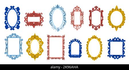 Cadres décoratifs. Vintage baroque antique bandes décoratives miroirs, dessin animé créatif Doodle romantique éléments de design. Ensemble vectoriel isolé Illustration de Vecteur