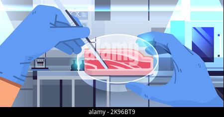 mains de scientifiques tenant la viande brute rouge de culture faite de cellules animales artificiel de laboratoire de production de viande concept Illustration de Vecteur