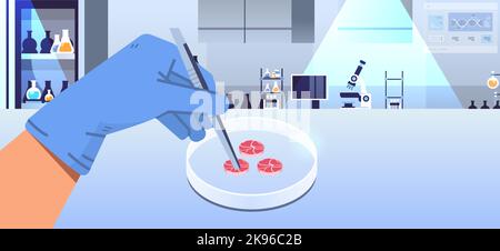 mains de scientifiques tenant la viande brute rouge de culture faite de cellules animales artificiel de laboratoire de production de viande concept Illustration de Vecteur
