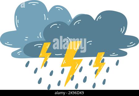 Nuage d'orage de bande dessinée avec la foudre et la pluie. Illustration vectorielle du temps couvert, phénomènes naturels. Illustration de Vecteur