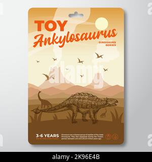 Modèle d'étiquette de dinosaure de jouet. Résumé Vector Packaging Design Layout. Typographie moderne avec paysage de volcan préhistorique et Ankylosaurus dessiné à la main Illustration de Vecteur