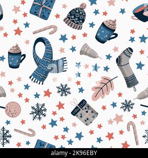 Articles de joies d'hiver motif vectoriel sans couture. Noël chaleureux accueil célébration dessins animés. Cadeaux et bougies, étoiles, chaussettes et cannes de bonbons Illustration de Vecteur