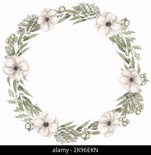 Aquarelle fleurs de Noël bouquet couronne. Bouquet d'hiver dessiné à la main avec fleurs d'anemon et branches de sapin, houx aux baies. Banque D'Images