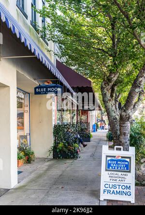 BREVARD, CAROLINE DU NORD, USA-9 OCTOBRE 2022 : vue sur le trottoir, y compris la galerie d'art Blue Moon et la galerie de fruits de mer Falls Landing. Les gens dans le disan Banque D'Images