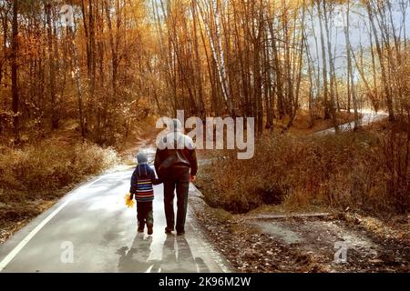 Père et fils marchent dans la forêt d'automne. Bonne enfance. Valeurs familiales. Santé mentale. Communication avec la nature. Banque D'Images