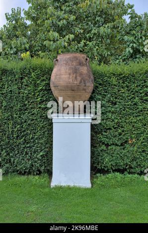 Grande urne en terre cuite sur plinthe blanche - haie en arrière-plan Banque D'Images