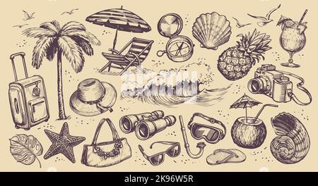 Concept de voyage. Objets de jeu dessinés à la main sur le thème des vacances à la plage. Illustration vectorielle vintage de l'esquisse de voyage Illustration de Vecteur