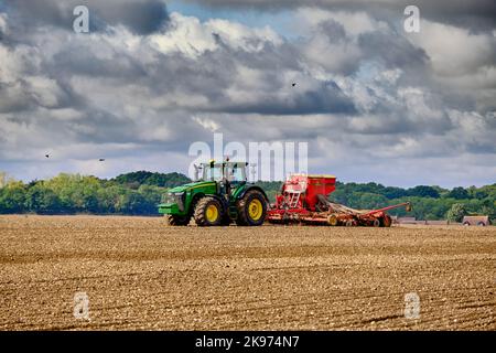 Forage de semences dans une ferme agricole Banque D'Images