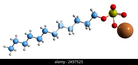 3D image de la formule squelettique du sulfate de lauryl de potassium - structure chimique moléculaire du sulfate de dodécyl de potassium isolé sur fond blanc Banque D'Images