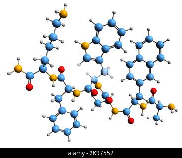 3D image de la formule squelettique de Pralmorelin - structure chimique moléculaire du chlorhydrate de pralmorelin isolé sur fond blanc Banque D'Images