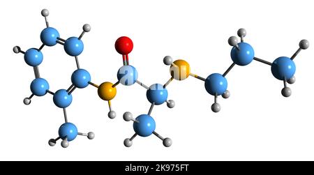 3D image de la formule squelettique de Prilocaïne - structure chimique moléculaire de l'anesthésique local isolé sur fond blanc Banque D'Images