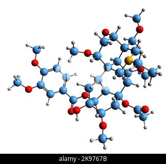 3D image de la formule squelettique de Pseudacitine - structure chimique moléculaire de l'alcaloïde extrêmement toxique isolé sur fond blanc Banque D'Images