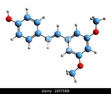 3D image de la formule squelettique Pterostilbene - structure chimique moléculaire du resvératrol isolé sur fond blanc Banque D'Images