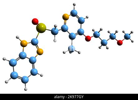 3D image de la formule squelettique du Rabeprazole - structure chimique moléculaire de l'inhibiteur de la pompe à protons isolé sur fond blanc Banque D'Images