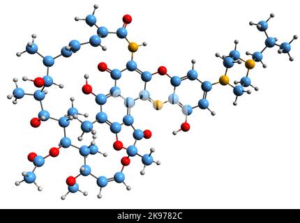 3D image de la formule squelettique de Rifalazil - structure chimique moléculaire de l'antibiotique isolé sur fond blanc Banque D'Images