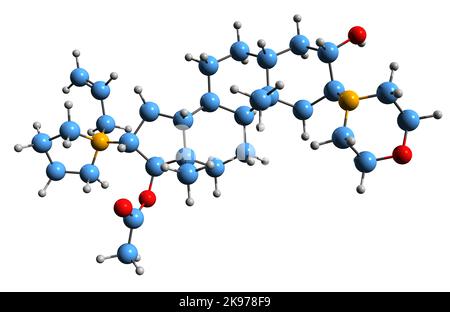 3D image de la formule squelettique du bromure de rocuronium - structure chimique moléculaire du bloqueur neuromusculaire non dépolarisant aminostéroïde isolé sur whi Banque D'Images