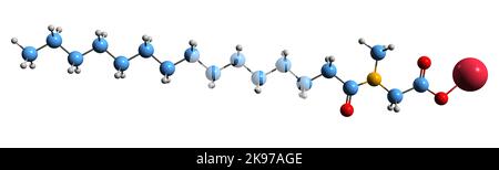 3D image de formule squelettique de cococosylSarcosinate de sodium - structure chimique moléculaire du surfactant isolé sur fond blanc Banque D'Images