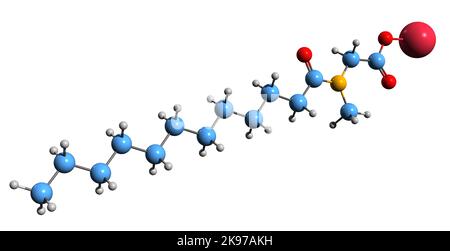 3D image de la formule squelettique du lauroyl Sarcosinate de sodium - structure chimique moléculaire du surfactant anionique isolé sur fond blanc Banque D'Images