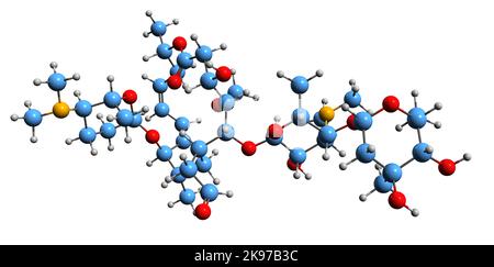 3D image de la formule squelettique de Spiramycine - structure chimique moléculaire de l'antibiotique macrolide Е710 isolé sur fond blanc Banque D'Images