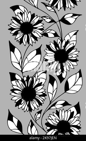 cadre fleuri sans couture de tournesol noir et blanc sur fond gris, cadre floral brillant, texture Banque D'Images