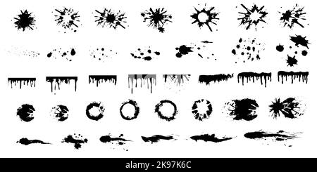 Un grand jeu d'encre noire, de taches d'encre, de taches, de taches, de brosses, lignes, rugueuses. Traits de pinceau noirs, éléments de design artistique. Illustration vectorielle Illustration de Vecteur