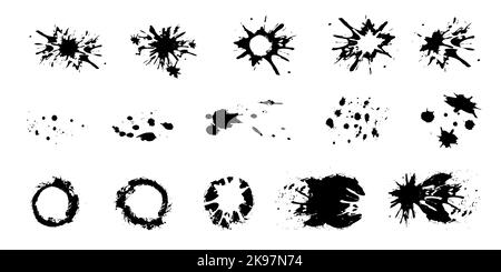 Un grand jeu d'encre noire, de taches d'encre, de taches, de taches, de brosses, lignes, rugueuses. Traits de pinceau noirs, éléments de design artistique. Illustration vectorielle Illustration de Vecteur
