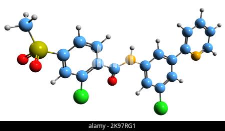 3D image de la formule squelettique de Vismodegib - structure chimique moléculaire du médicament anticancéreux isolé sur fond blanc Banque D'Images