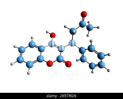 3D image de la formule squelettique de warfarine - structure chimique moléculaire du médicament anticoagulant isolé sur fond blanc Banque D'Images