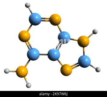 3D image de la formule squelettique de l'adénine - structure chimique moléculaire de la nucléobase 6-aminopurine isolée sur fond blanc Banque D'Images