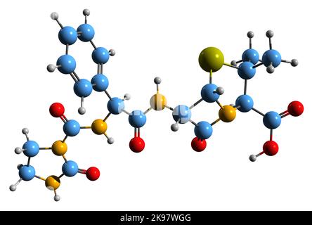 3D image de la formule squelettique de l'Azlocilline - structure chimique moléculaire de l'antibiotique acylampicilline isolé sur fond blanc Banque D'Images