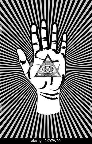 Palmier ouvert avec tous les yeux symbole sacré de Masonic, troisième oeil de la Providence, triangle pyramide. Nouvel ordre mondial. Grunge alchimie icône, religion, esprit Illustration de Vecteur