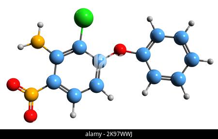 3D image de la formule squelettique d'Aclonifen - structure chimique moléculaire de l'herbicide isolé sur fond blanc Banque D'Images