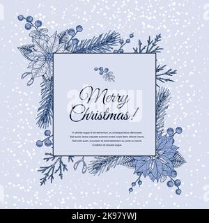 Carte de vœux bleue de joyeux Noël et de bonne année. Décor festif avec plantes d'hiver dessinées à la main. Design vintage avec style esquisse. Espace pour tex Illustration de Vecteur